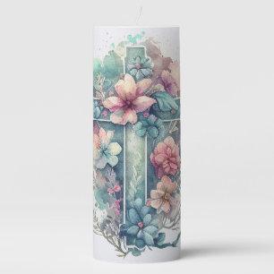 Beautiful Watercolor Christian Easter Cross Pillar Candle