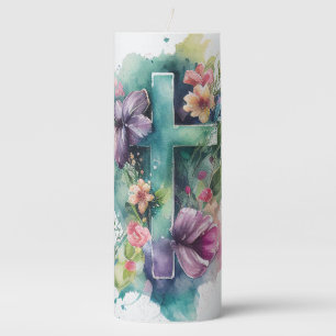 Beautiful Watercolor Christian Easter Cross Pillar Candle