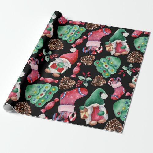 Beautiful Watercolor Christmas Gnome Pattern Wrapping Paper