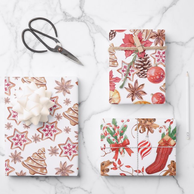 Beautiful Watercolor Christmas Patterns Wrapping Paper Sheets (Front)
