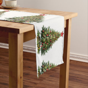 Beautiful Watercolor Christmas Tree Red Stars Medium Table Runner