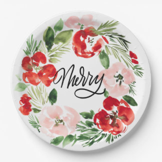 Beautiful Watercolor Christmas wreath Merry Paper Plates