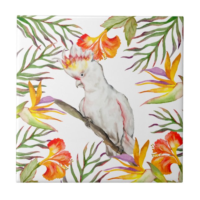 Beautiful watercolor cockatoo parrot hand drawing ceramic tile (Front)