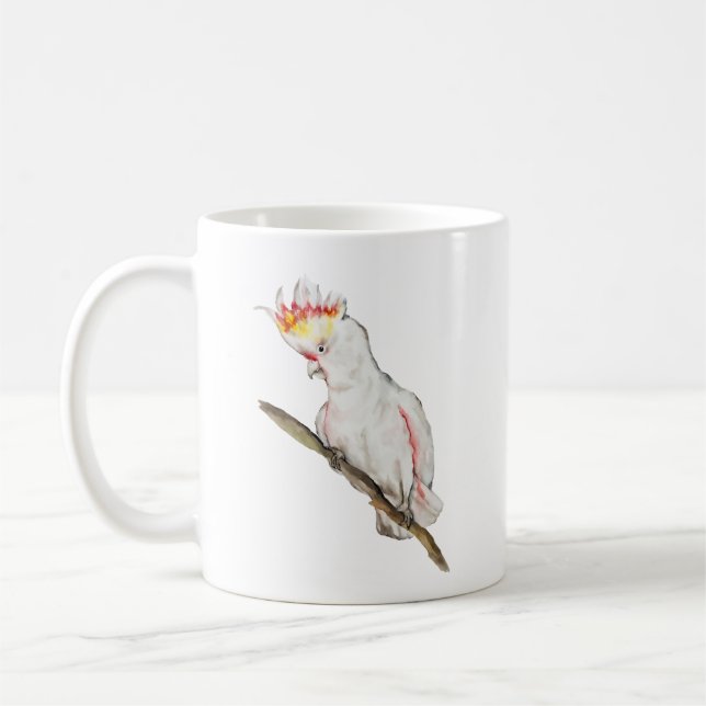 Beautiful watercolor cockatoo parrot hand drawing coffee mug (Left)