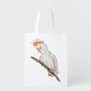 Beautiful watercolor cockatoo parrot hand drawing grocery bag