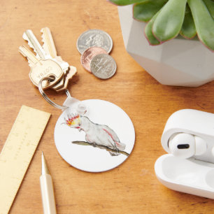 Beautiful watercolor cockatoo parrot hand drawing keychain