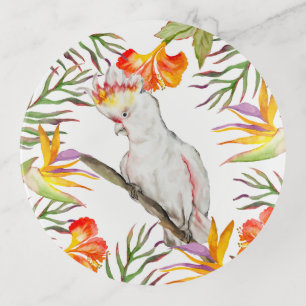 Beautiful watercolor cockatoo parrot hand drawing trinket tray