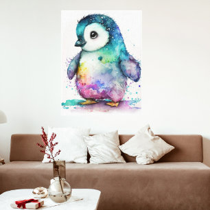 Beautiful Watercolor Colorful Baby Penguin Wall  Canvas Print