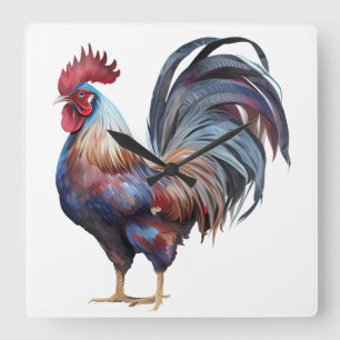 BEAUTIFUL WATERCOLOR COLORFUL ROOSTER SQUARE WALL CLOCK