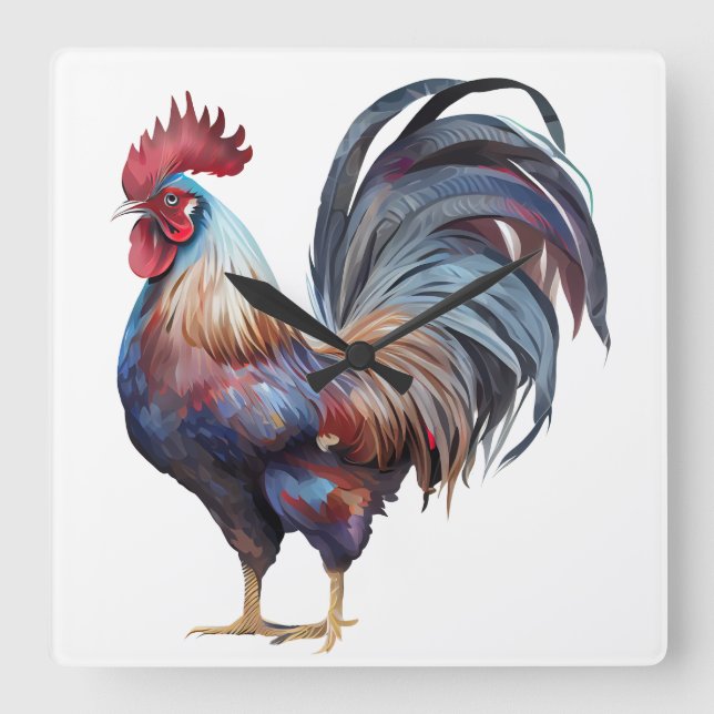 BEAUTIFUL WATERCOLOR COLORFUL ROOSTER SQUARE WALL CLOCK (Front)