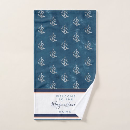 Beautiful watercolor coral on batik blue custom hand towel 