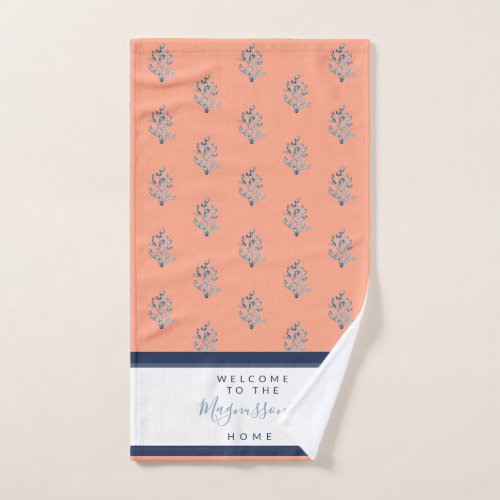 Beautiful watercolor coral on salmon pink custom hand towel 