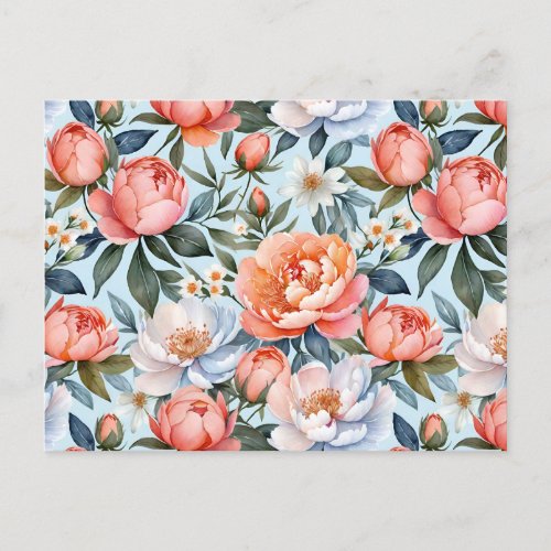Beautiful Watercolor Coral Peonies Floral Pattern Holiday Postcard