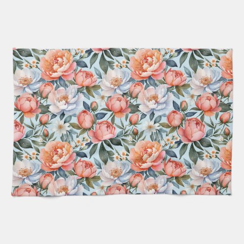 Beautiful Watercolor Coral Peonies Floral Pattern Kitchen Towel