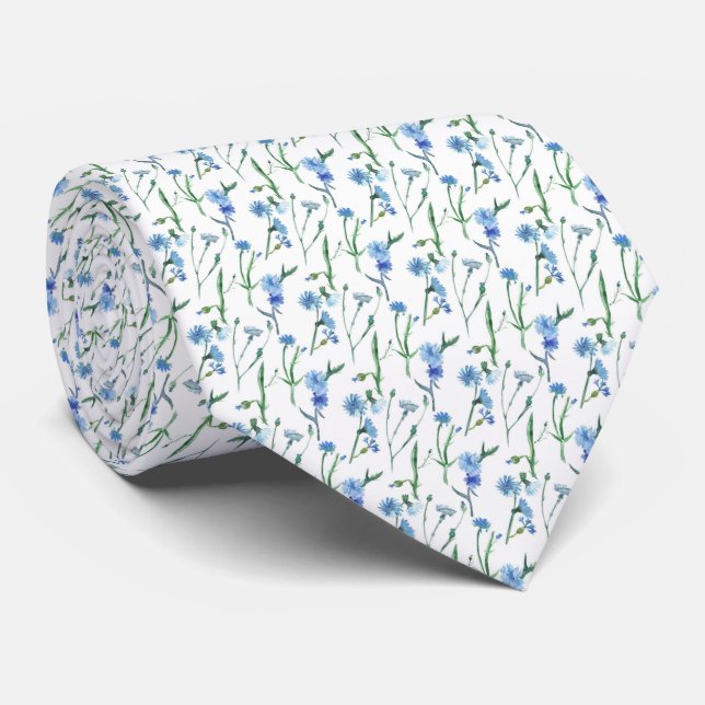 Beautiful watercolor cornflowers neck tie (Rolled)