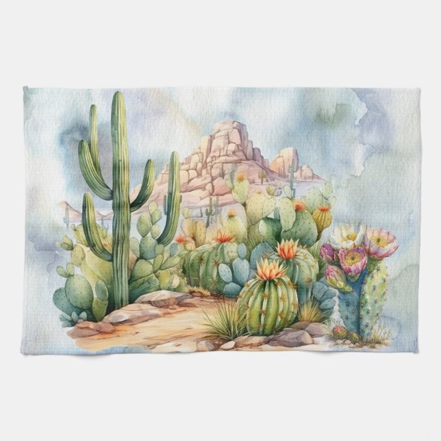 Beautiful Watercolor Desert Cacti Scenery Kitchen Towel (Horizontal)