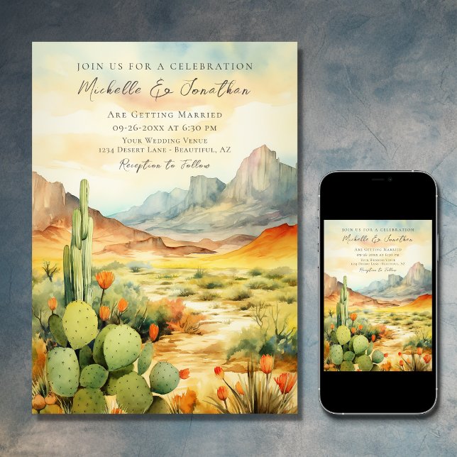 Beautiful Watercolor Desert Cactus Wedding Invitation (Printed and Digital - Beautiful Watercolor Desert Cactus Southwestern Invitation)