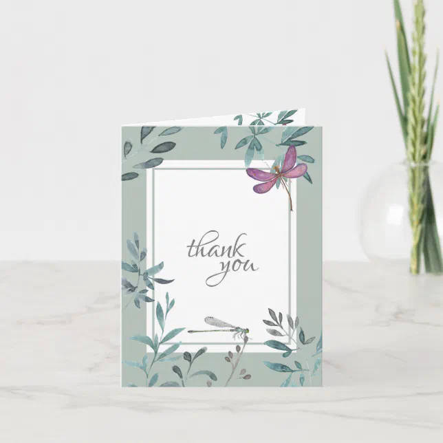 Beautiful Watercolor Dragonfly and Garden Greenery Thank You Card | Zazzle
