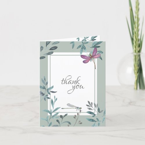 Beautiful Watercolor Dragonfly and Garden Greenery Thank You Card