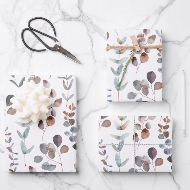 Beautiful Watercolor Eucalyptus Leaves  Wrapping Paper Sheets (Front)