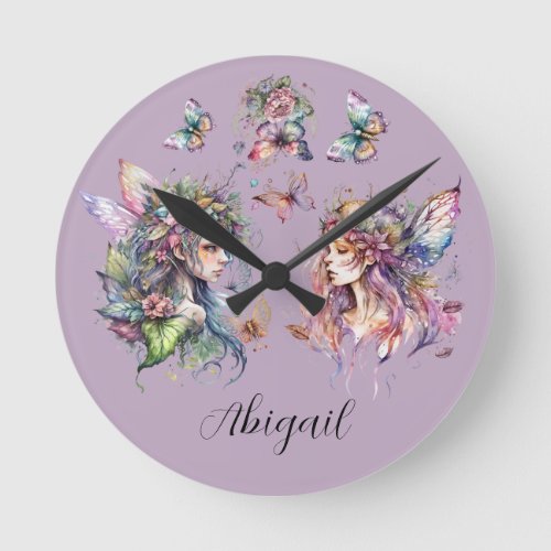 Beautiful Watercolor Fairies and Butterflies Round Clock