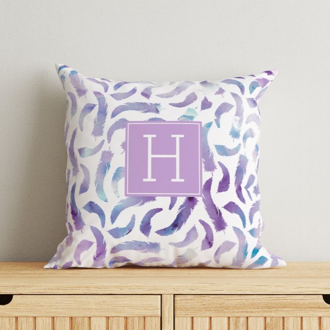 Beautiful Watercolor Feathers Monogrammed Throw Pillow (Creator Uploaded)