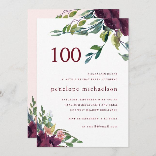Beautiful Watercolor Floral 100th Birthday Invitation (Front/Back)