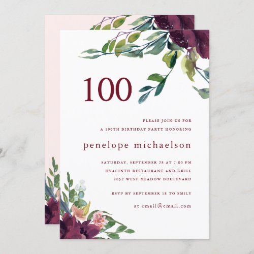 Beautiful Watercolor Floral 100th Birthday Invitation