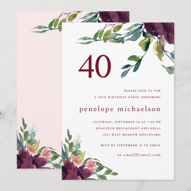 Beautiful Watercolor Floral 40th Birthday Invitation (Front/Back)