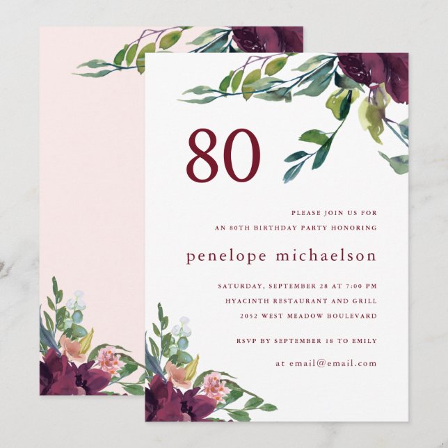 Beautiful Watercolor Floral 80th Birthday Invitation (Front/Back)