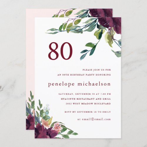 Beautiful Watercolor Floral 80th Birthday Invitation