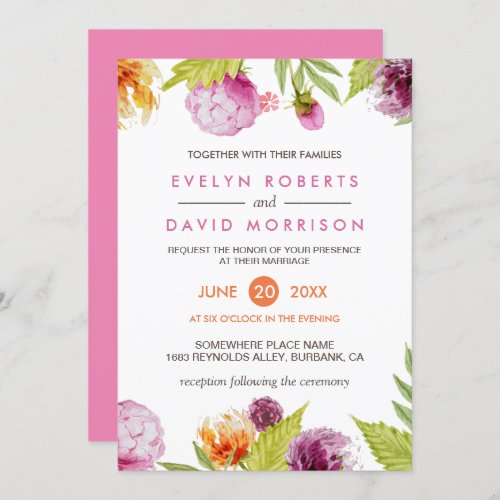 Beautiful Watercolor Floral Blossom Formal Wedding Invitation