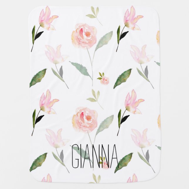 Beautiful Watercolor Floral Blush Pink Baby Blanket (Front)
