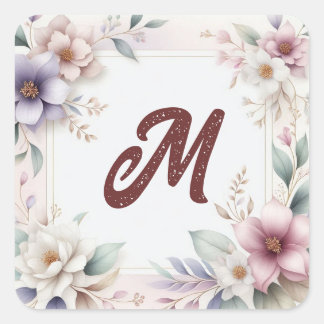 Beautiful Watercolor Floral Botanical Monogram Square Sticker