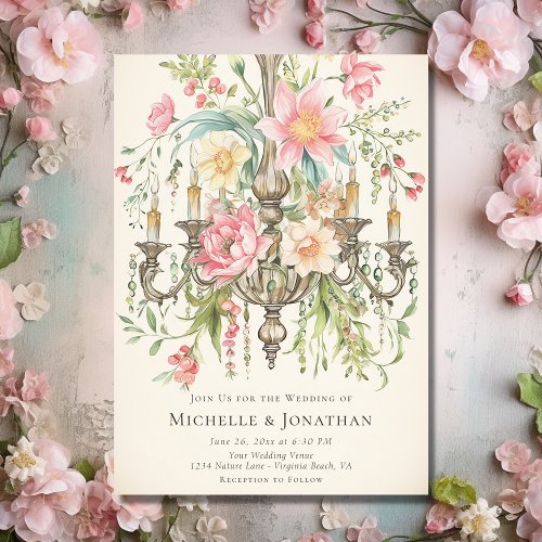 Beautiful Watercolor Floral Chandelier Wedding  Invitation