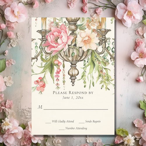 Beautiful Watercolor Floral Chandelier Wedding RSVP Card