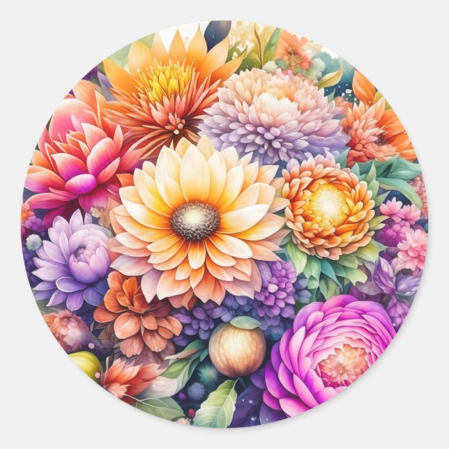 Beautiful Watercolor Floral Classic Round Sticker (Front)