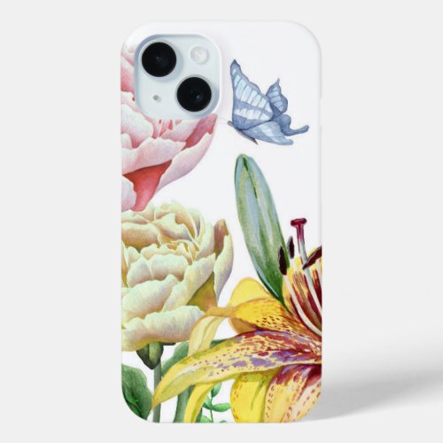 Beautiful Watercolor Floral Garden wButterfly iPhone 15 Case