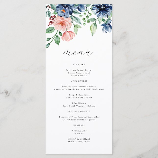 Beautiful Watercolor Floral & Greenery Wedding Menu (Front)