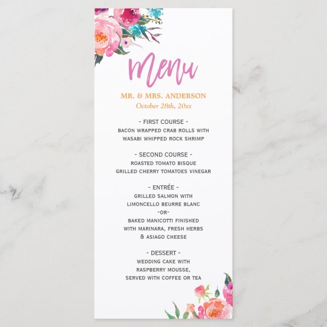 Beautiful Watercolor Floral Modern Wedding Menu (Front)