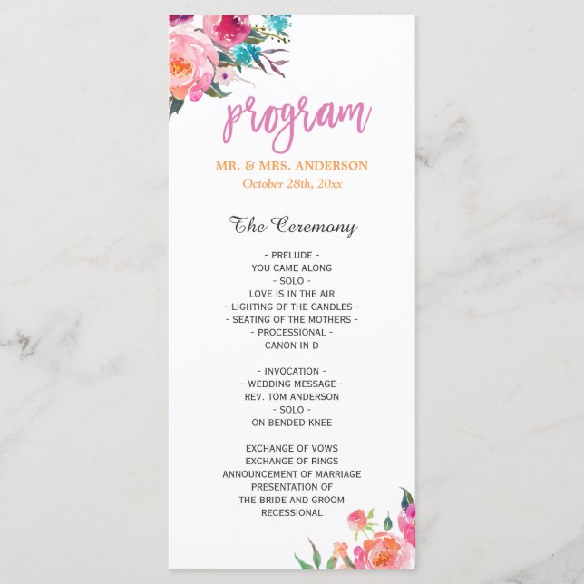 Beautiful Watercolor Floral Modern Wedding Program (Front)