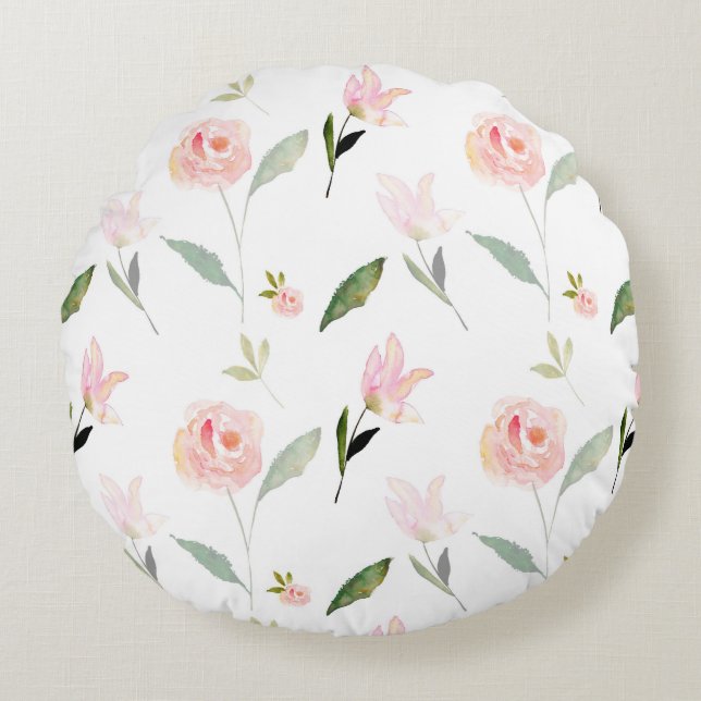 Beautiful Watercolor Floral Round Pillow (Front)