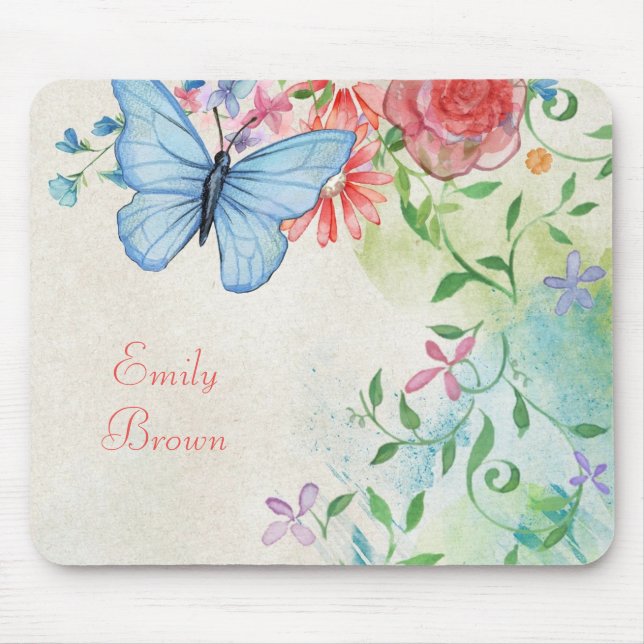 Beautiful Watercolor Floral with Butterfly Mouse Pad (Front)