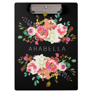 Beautiful Watercolor Floral with your Name Black Clipboard