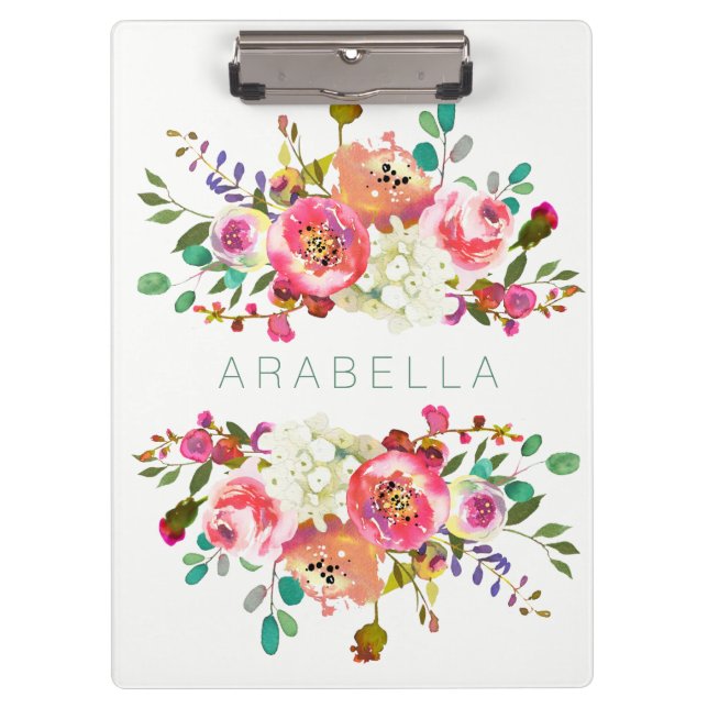 Beautiful Watercolor Floral with your Name Clipboard (Front)