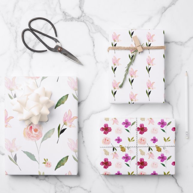 Beautiful Watercolor Floral Wrapping Paper Sheets (Front)