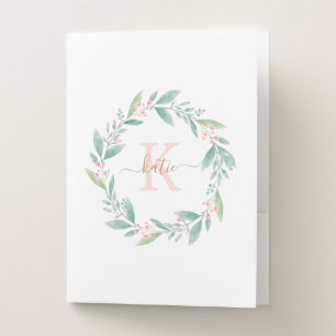 Beautiful Watercolor Floral Wreath Monogram Pocket Folder