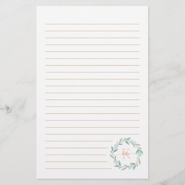 Beautiful Watercolor Floral Wreath Monogram Stationery (Front)