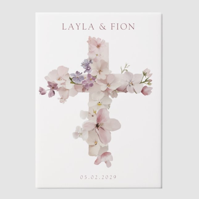 Beautiful Watercolor Flower Cross Vellum Invitations (Front)