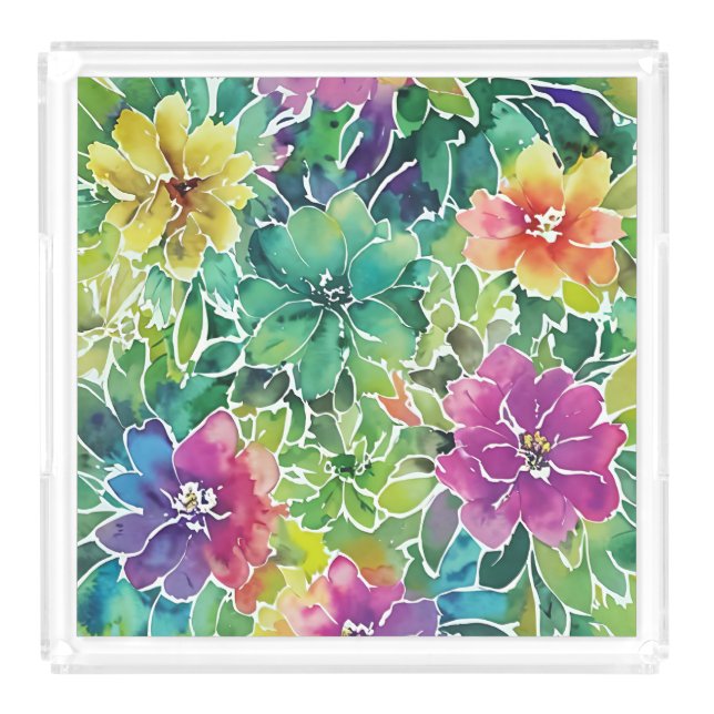 Beautiful Watercolor Flower Pattern Acrylic Tray (Front)